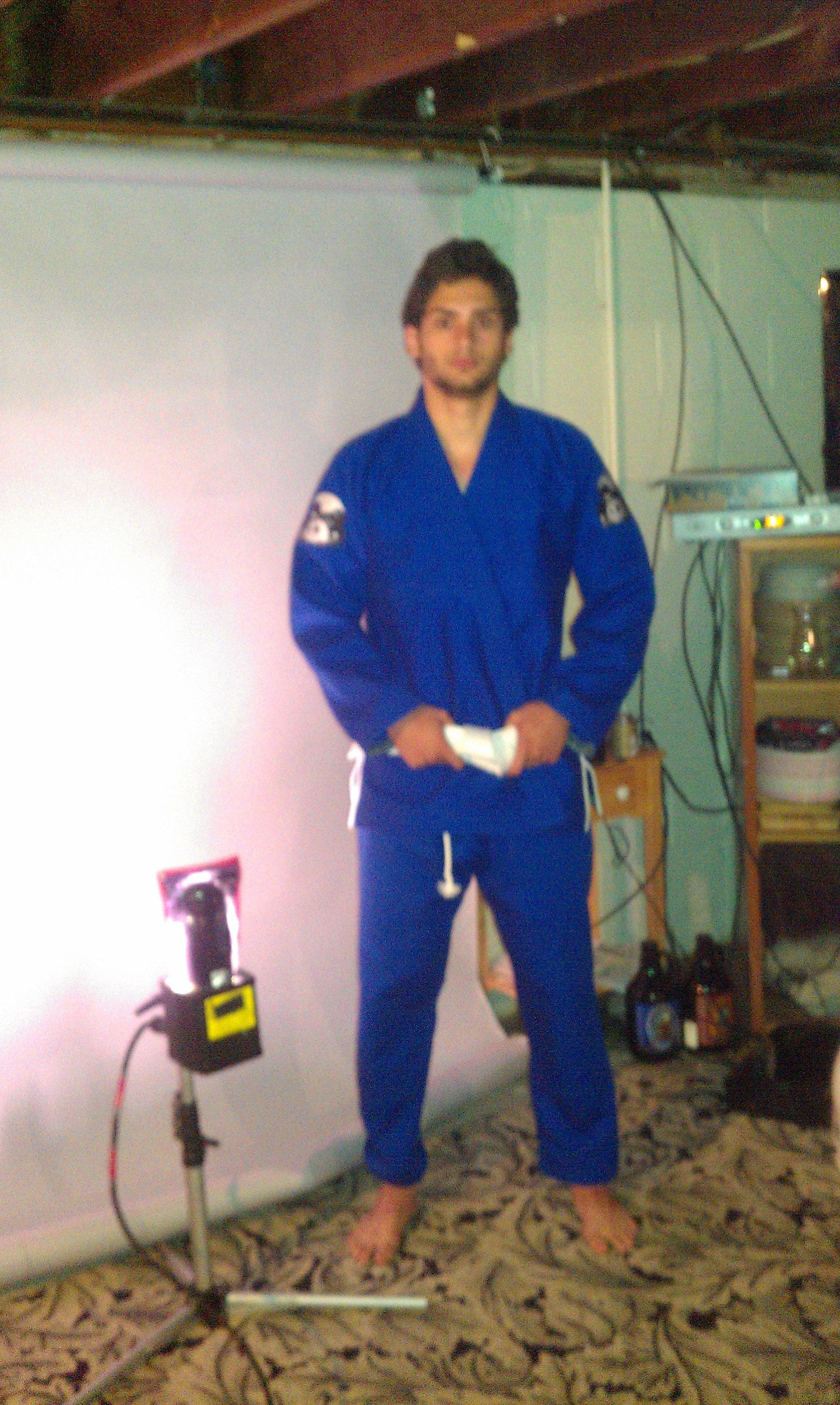 Shooting the first Panda Gi in the basement against a bedsheet backdrop, May 2012