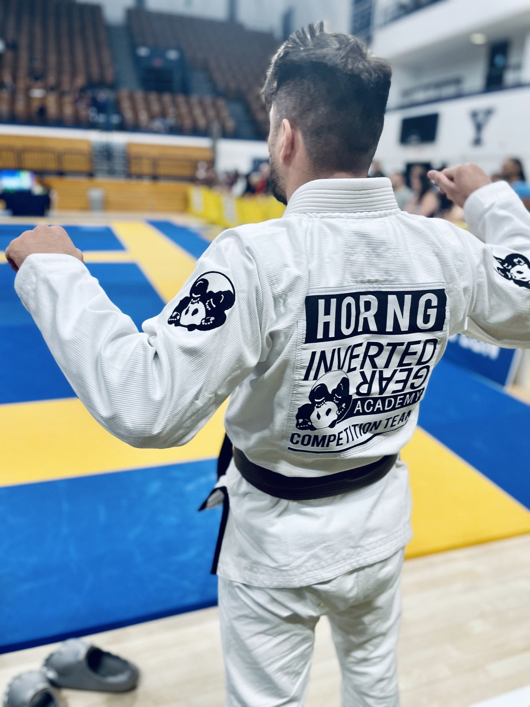 Inverted Gear Academy competition team gi back patch at a tournament